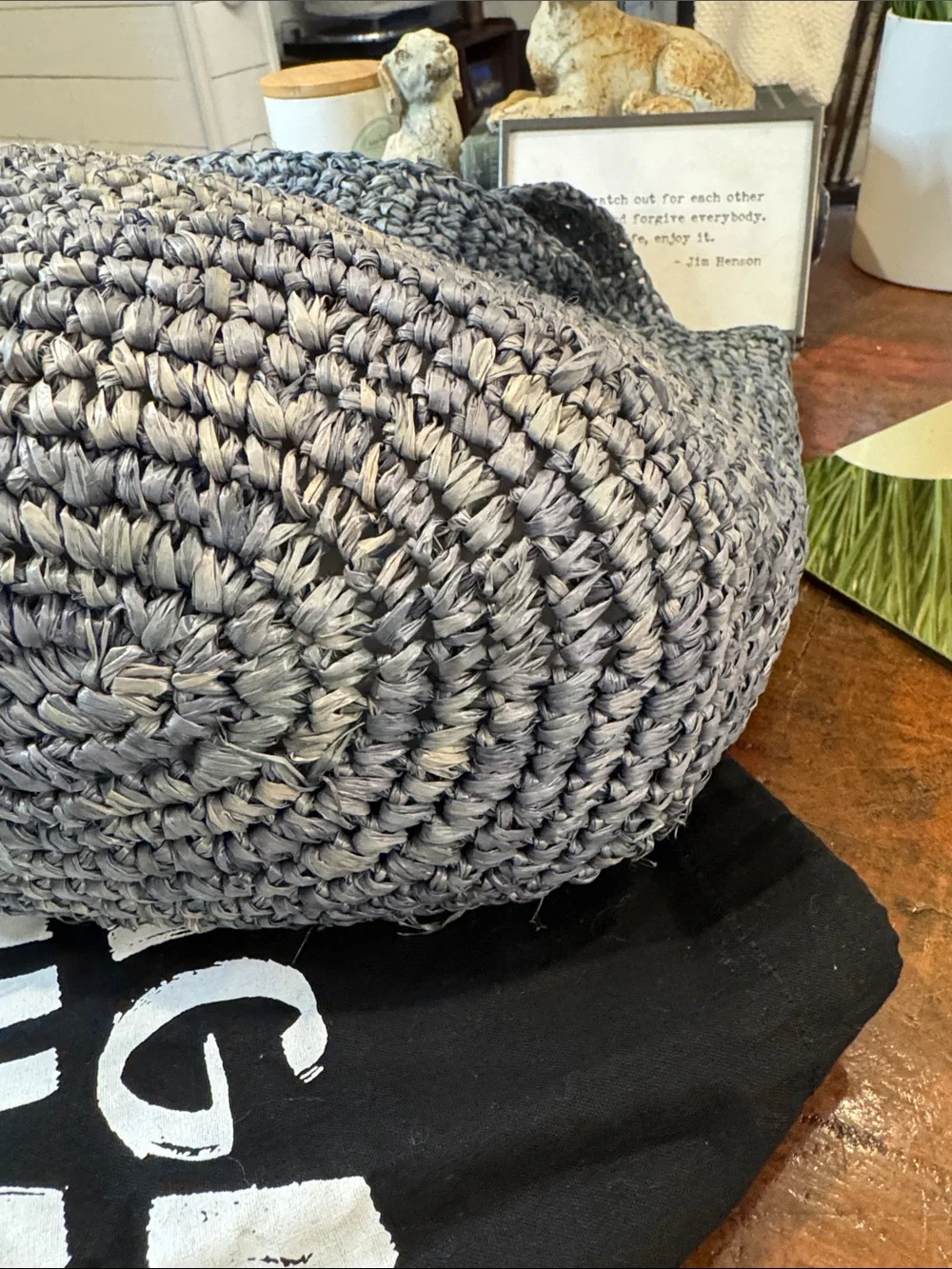 Kurt Geiger Gray Crocheted Raffia Hobo Bag with Beaded Charm